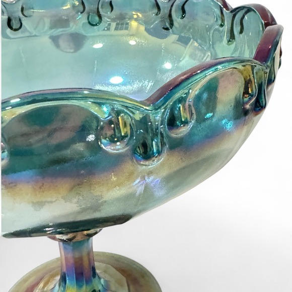 Indiana Glass Blue Iridescent Carnival‎ Pedestal Compote Dish Garland Vintage - Picture 7 of 8